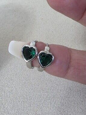 Small Huggie Hoop Earrings Emerald Green Hearts